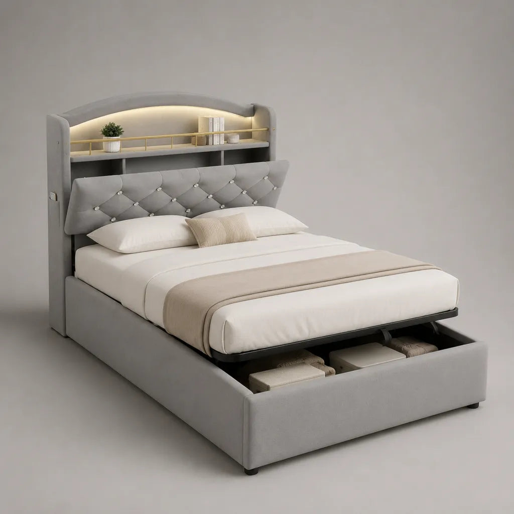 Letto matrimoniale contenitore 160 × 200 cm in velluto grigio chiaro con testiera a ripiani, luce LED e cassetto frontale, 220 × 178 × 156 cm