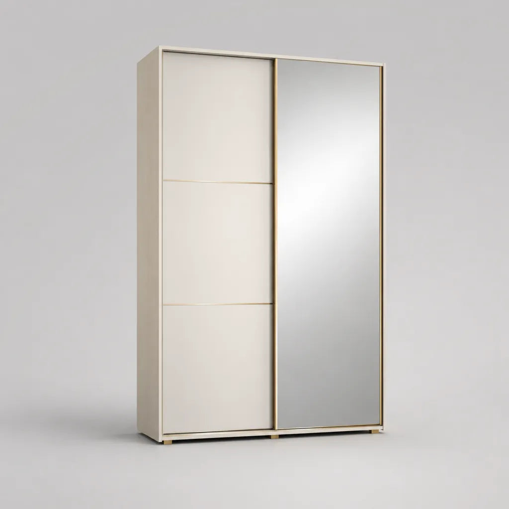 Armadio guardaroba a 2 ante scorrevoli con specchio, in truciolare melaminico beige chiaro, argento e oro, 120 × 60 × 200 cm