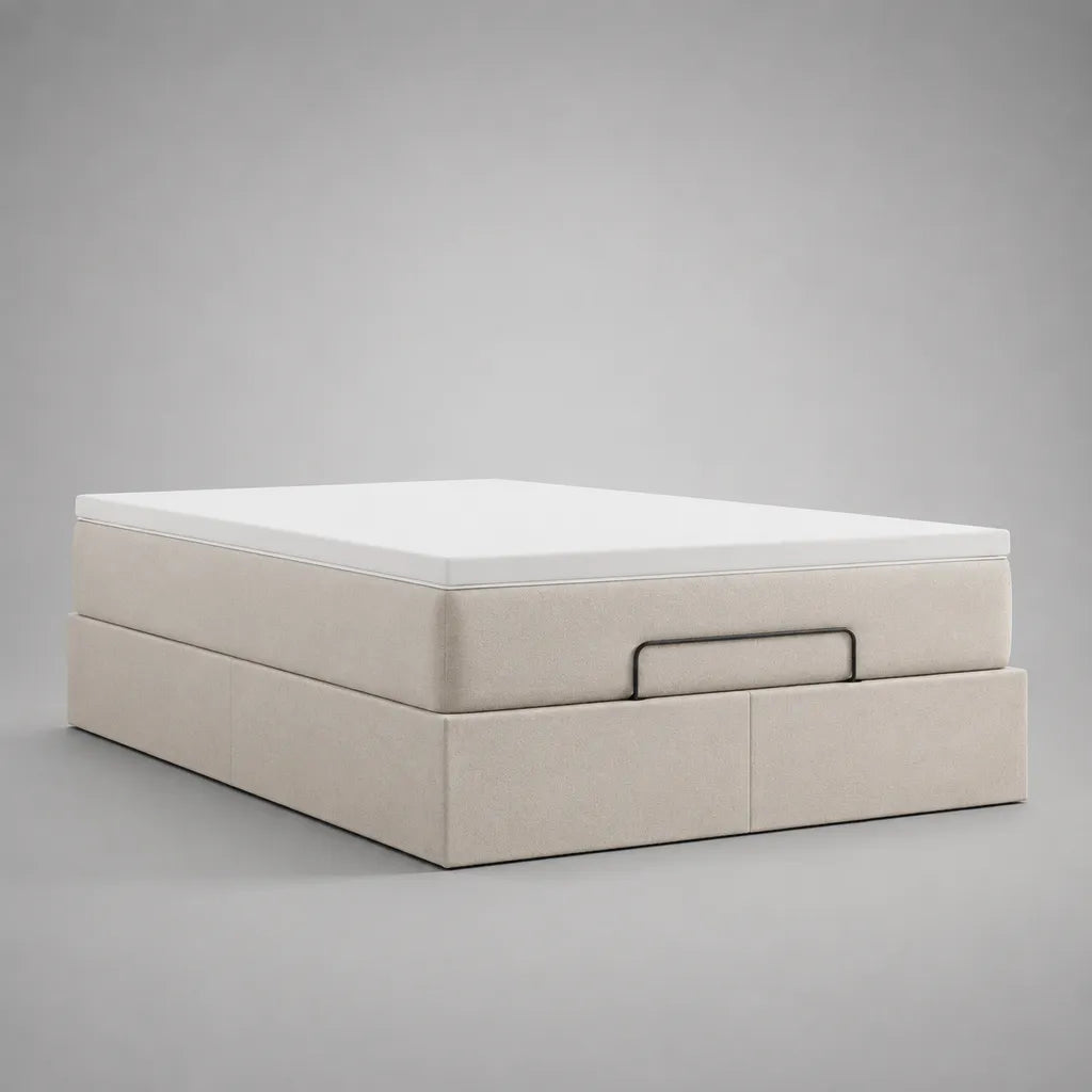 Set letto contenitore matrimoniale rettangolare in poliestere beige con materasso in schiuma PU 160 x 200 cm