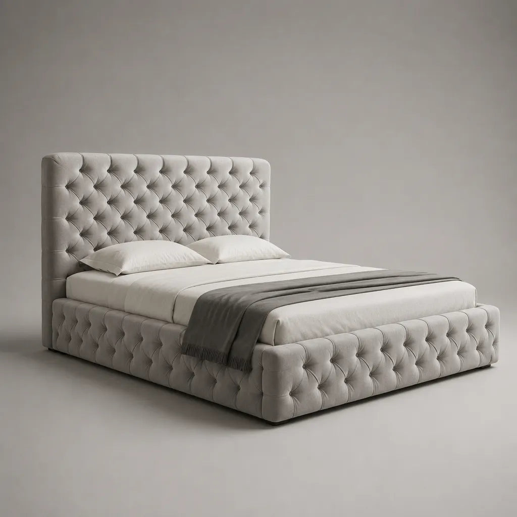 Letto contenitore matrimoniale imbottito capitonné in velluto grigio chiaro, superficie per materasso 160 x 200 cm, dimensioni 180 x 220 x 130 cm