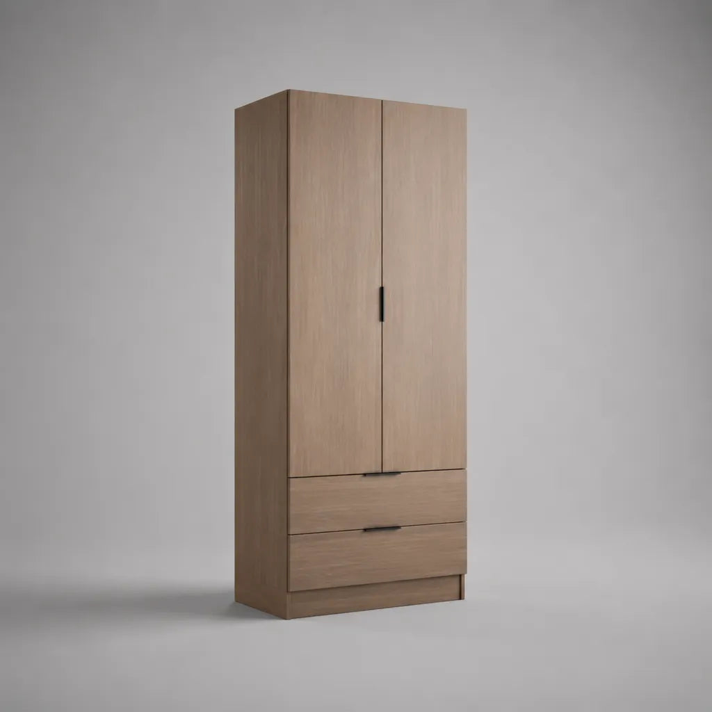 Armadio guardaroba a 2 ante e 2 cassetti in truciolare melaminico effetto rovere naturale, 80 × 50 × 190 cm