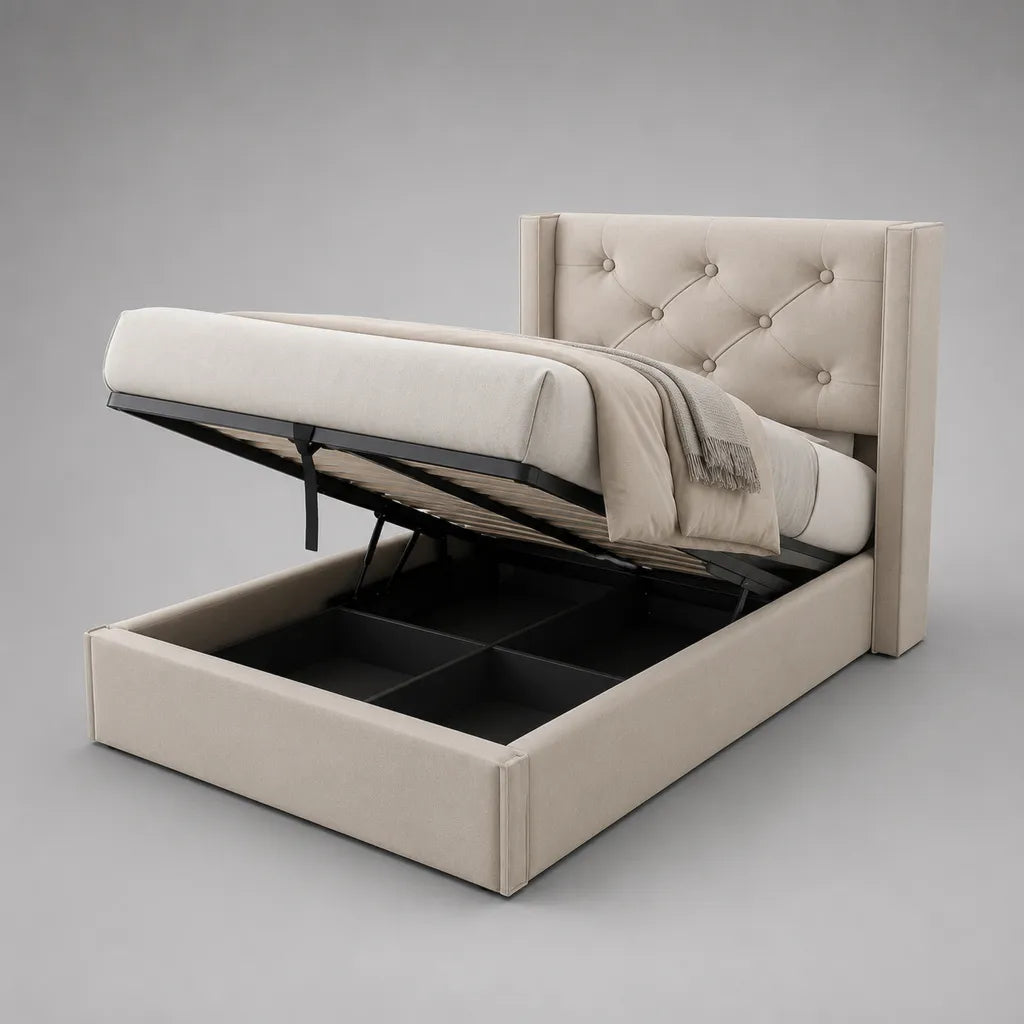 Letto contenitore matrimoniale 160 x 200 cm in tessuto beige con testiera capitonné, dimensioni 218 x 178 x 120 cm