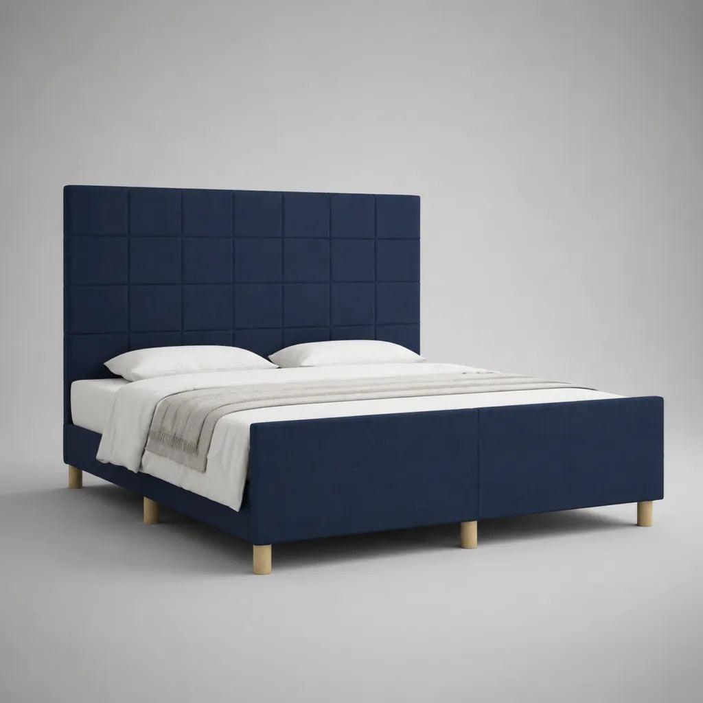 Letto matrimoniale imbottito 160 x 200 cm in velluto blu navy con testiera alta, dimensioni 171 x 215 x 130 cm