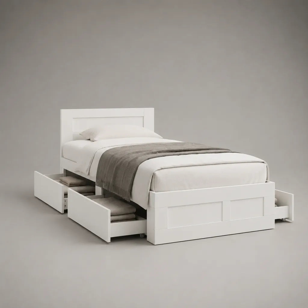 Letto singolo in MDF bianco con 4 cassetti, per materasso 90 × 200 cm, dimensioni 208 × 98 × 100 cm