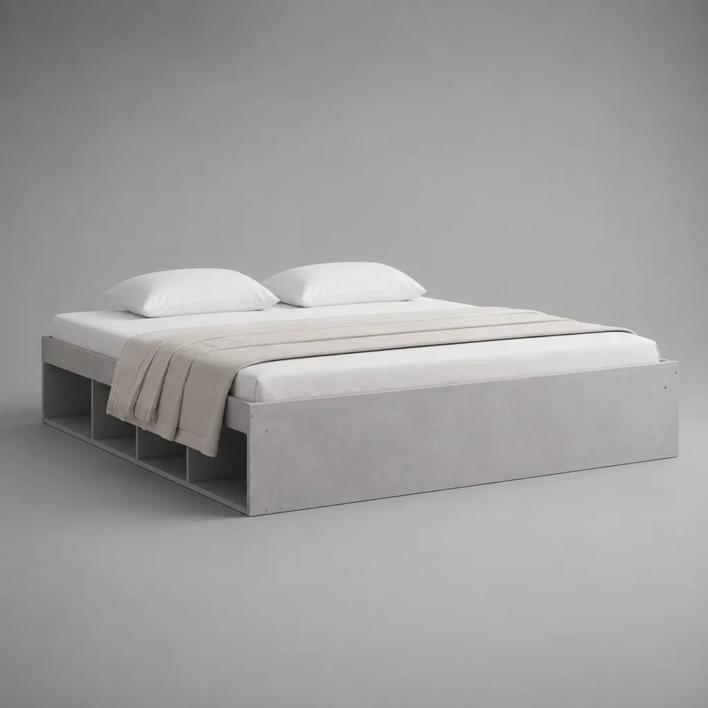 Letto matrimoniale con 4 vani portaoggetti laterali in legno grigio chiaro, materasso 160 x 200 cm