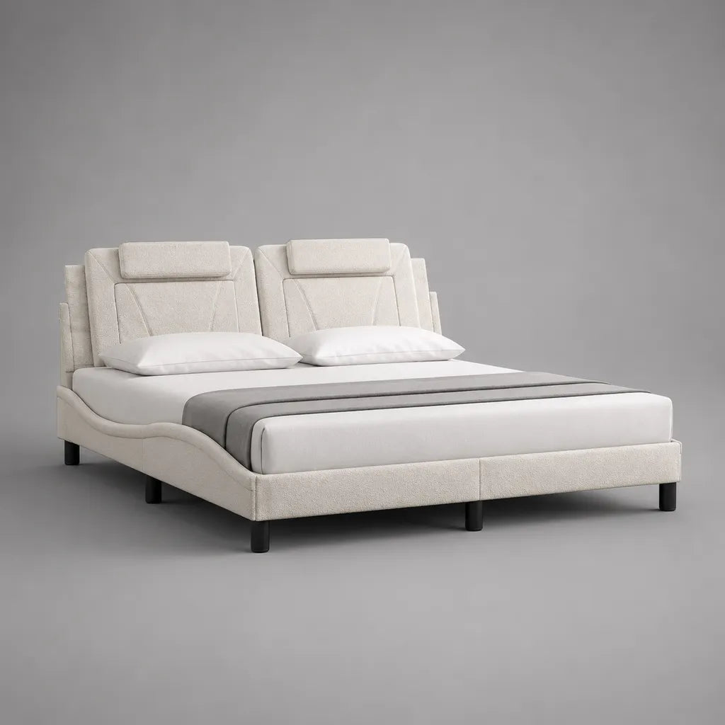 Letto matrimoniale imbottito in tessuto bianco crema con testiera alta, 184 x 220 x 116 cm, materasso 160 x 200 cm