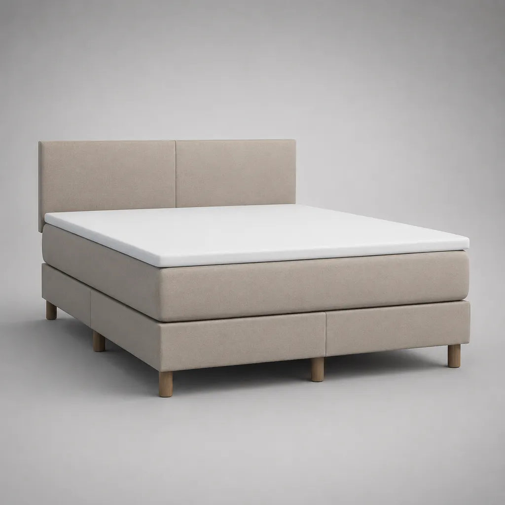 Letto matrimoniale continentale imbottito con testiera, materasso e topper, beige, 160 × 200 cm