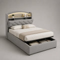 Letto matrimoniale contenitore 160 × 200 cm in velluto grigio chiaro con testiera a ripiani, luce LED e cassetto frontale, 220 × 178 × 156 cm