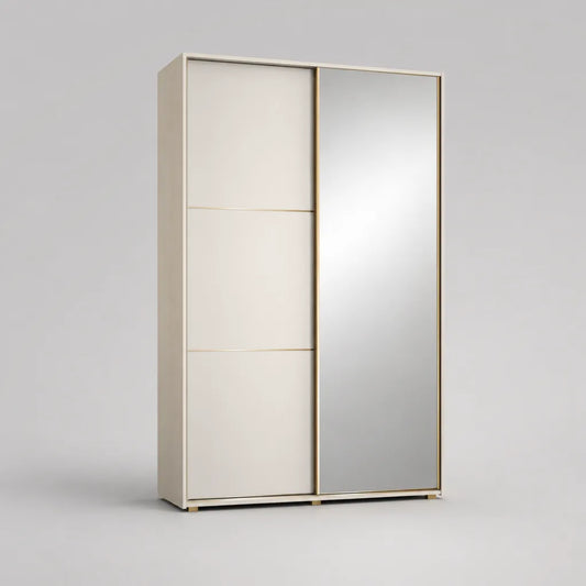 Armadio guardaroba a 2 ante scorrevoli con specchio, in truciolare melaminico beige chiaro, argento e oro, 120 × 60 × 200 cm