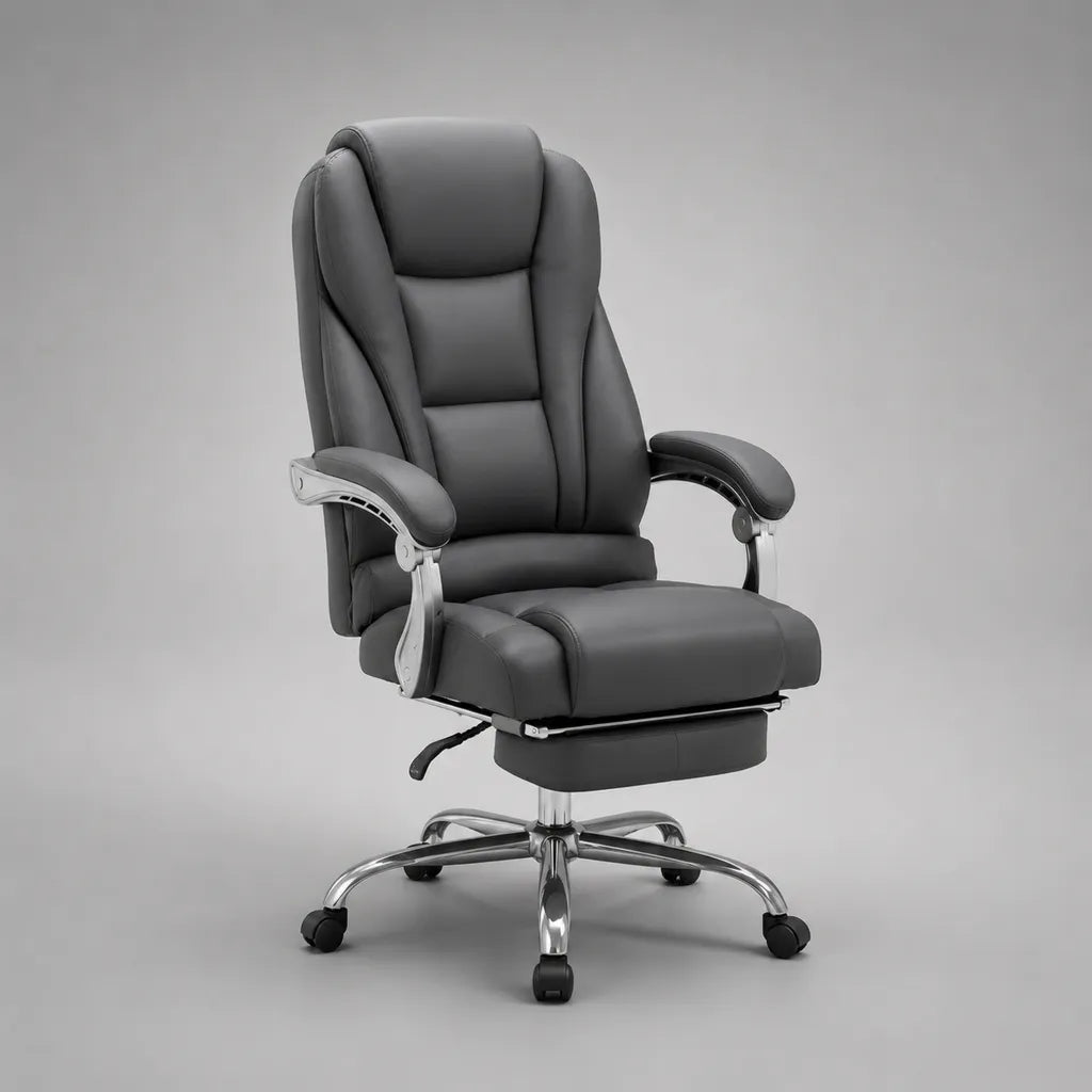 Sedia da ufficio reclinabile e girevole in similpelle grigio scuro con poggiapiedi, 68 x 72 x 118-128 cm