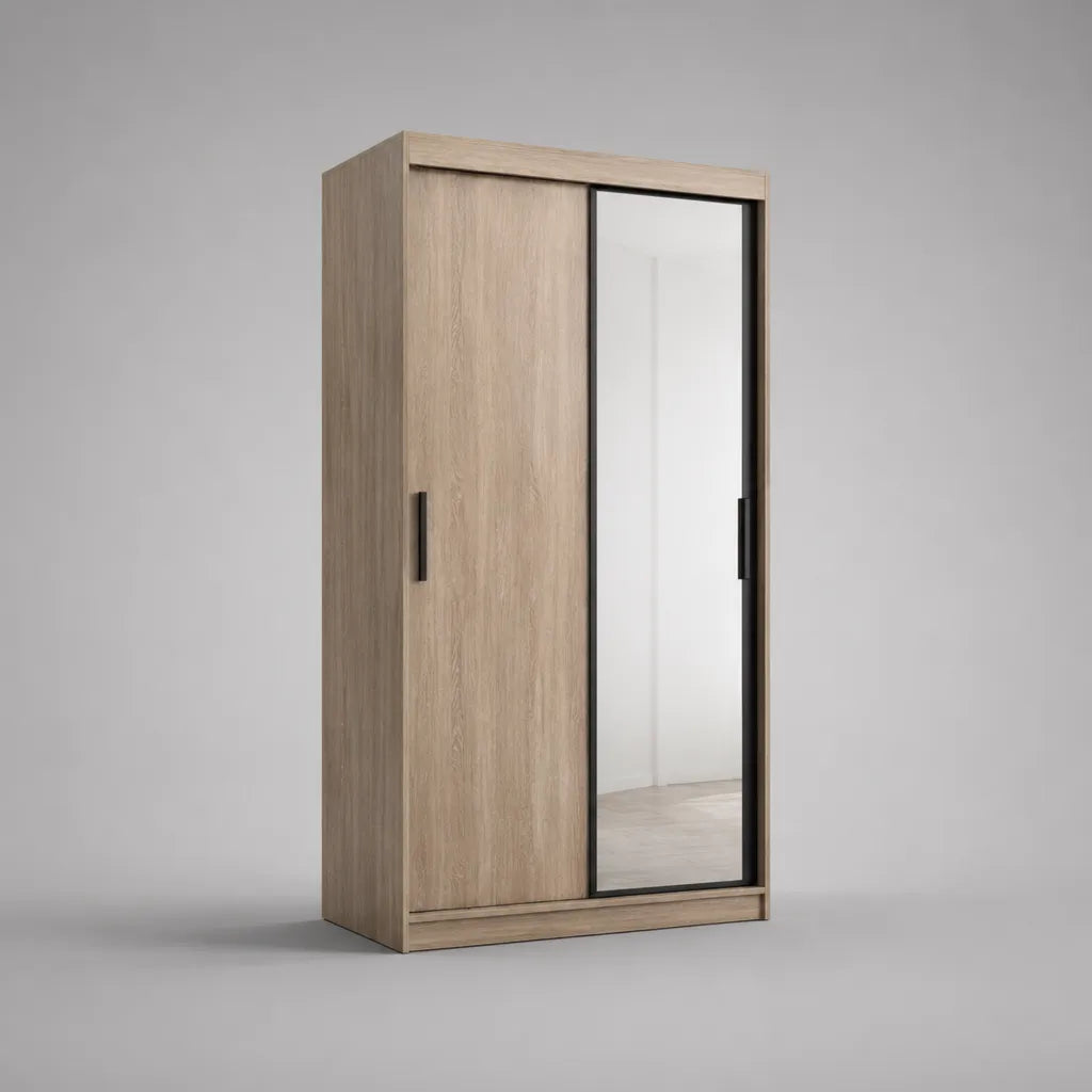 Armadio guardaroba a 2 ante scorrevoli con specchio, pannello truciolare melaminico, rovere chiaro e nero, 100 x 55 x 200 cm