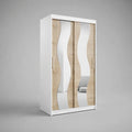 Armadio guardaroba a 2 ante scorrevoli con specchi in vetro e pannelli in legno, bianco e rovere chiaro, 120 × 60 × 200 cm