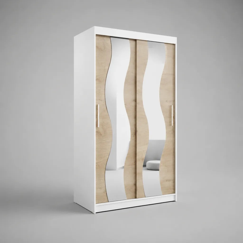 Armadio guardaroba a 2 ante scorrevoli con specchi in vetro e pannelli in legno, bianco e rovere chiaro, 120 × 60 × 200 cm