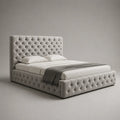 Letto contenitore matrimoniale imbottito capitonné in velluto grigio chiaro, superficie per materasso 160 x 200 cm, dimensioni 180 x 220 x 130 cm