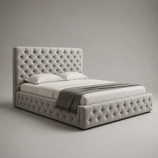 Letto contenitore matrimoniale imbottito capitonné in velluto grigio chiaro, superficie per materasso 160 x 200 cm, dimensioni 180 x 220 x 130 cm