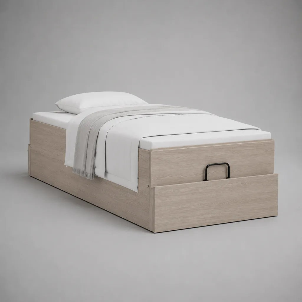 Letto singolo con cassetto contenitore in legno, rovere chiaro, 96 × 205 × 55 cm, rete 90 × 200 cm