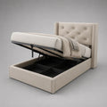 Letto contenitore matrimoniale 160 x 200 cm in tessuto beige con testiera capitonné, dimensioni 218 x 178 x 120 cm