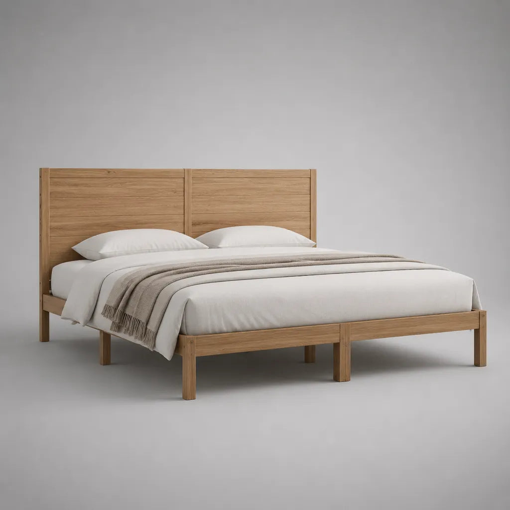 Letto matrimoniale 180 x 200 cm in legno di pino massello, rovere naturale, con testiera a pannelli