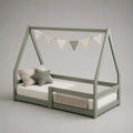 Letto a casetta per bambini 90 x 190 cm in pino massello verde salvia con sponda