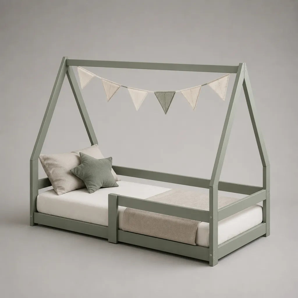 Letto a casetta per bambini 90 x 190 cm in pino massello verde salvia con sponda