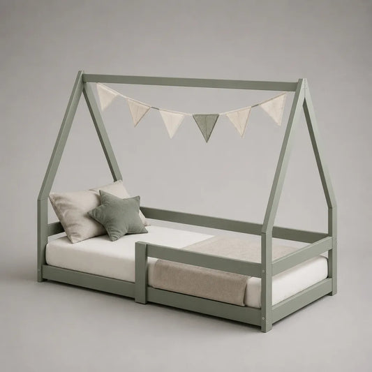 Letto a casetta per bambini 90 x 190 cm in pino massello verde salvia con sponda