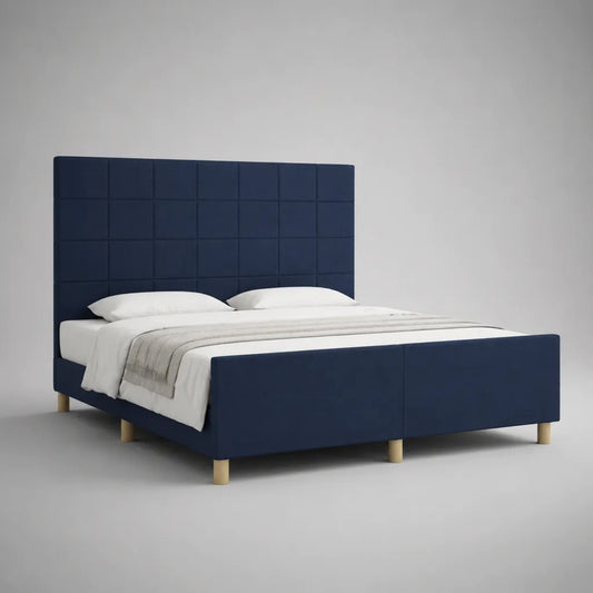 Letto matrimoniale imbottito 160 x 200 cm in velluto blu navy con testiera alta, dimensioni 171 x 215 x 130 cm
