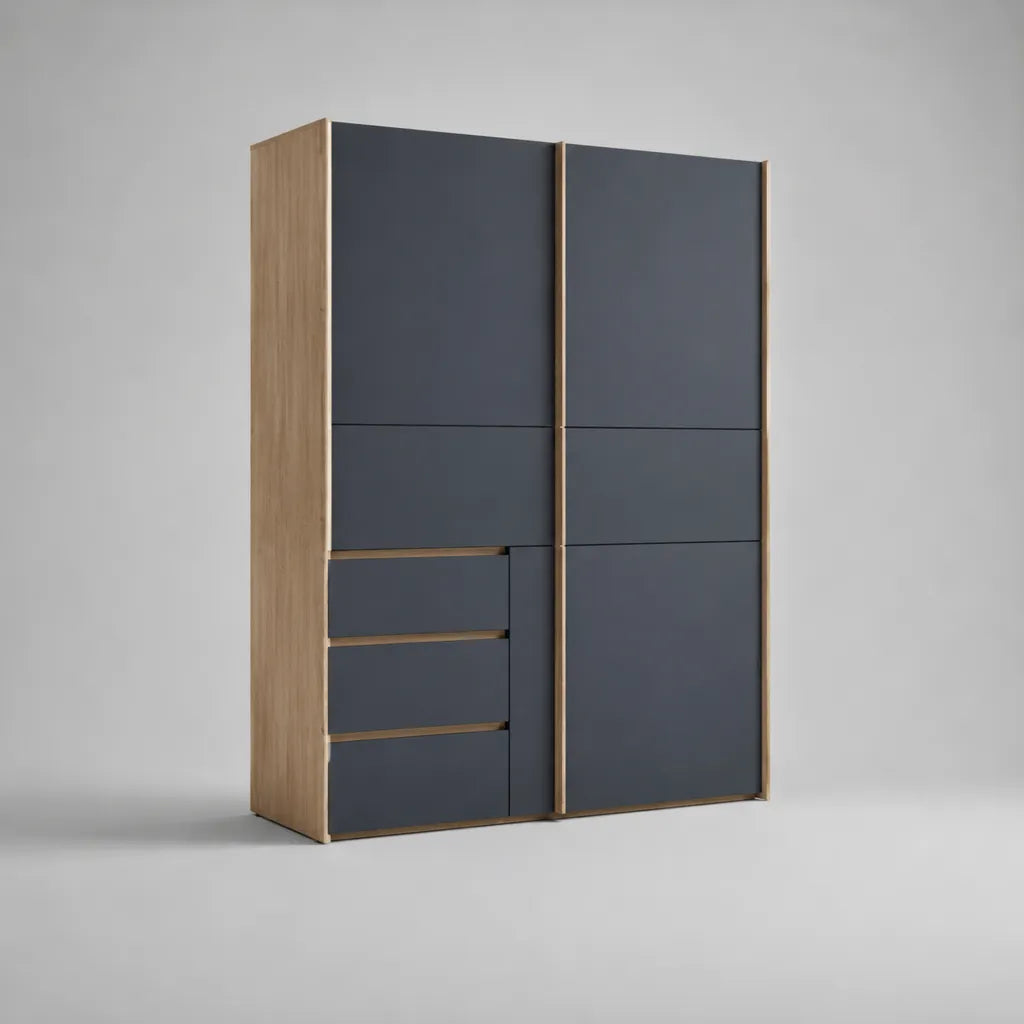 Armadio guardaroba rettangolare in legno a 5 ante e 3 cassetti, rovere naturale e antracite, 160 × 55 × 220 cm