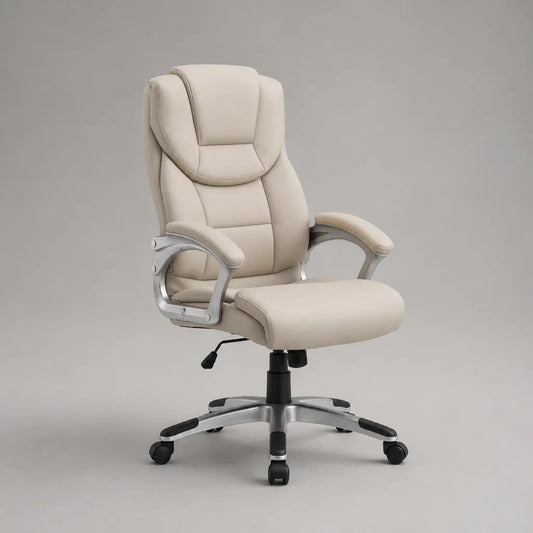 Sedia da ufficio girevole in pelle PU beige con schienale alto e altezza regolabile, 68 × 72 × 112-122 cm