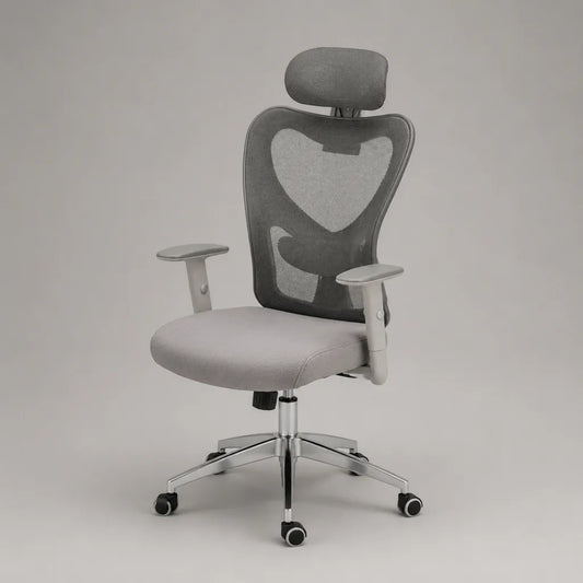 Sedia da ufficio girevole grigia in tessuto e rete con poggiatesta, supporto lombare e braccioli regolabili, 65 x 65 x 115-125 cm