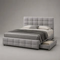 Letto matrimoniale imbottito in tessuto grigio chiaro 160 x 200 cm, dimensioni 175 x 218 x 120 cm, con cassetto laterale e testiera trapuntata