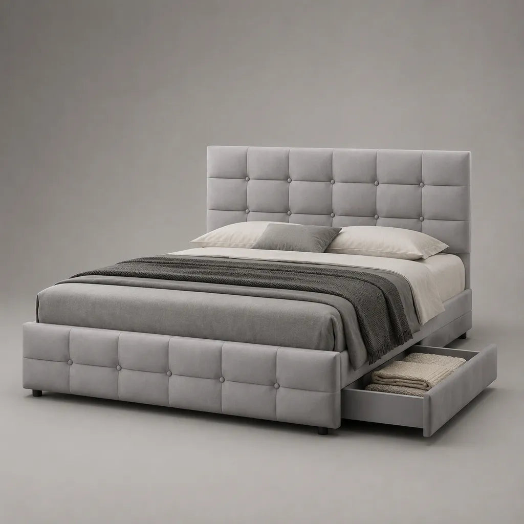 Letto matrimoniale imbottito in tessuto grigio chiaro 160 x 200 cm, dimensioni 175 x 218 x 120 cm, con cassetto laterale e testiera trapuntata