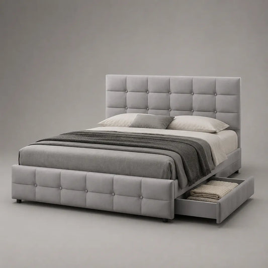 Letto matrimoniale imbottito in tessuto grigio chiaro 160 x 200 cm, dimensioni 175 x 218 x 120 cm, con cassetto laterale e testiera trapuntata