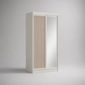 Armadio guardaroba a 2 ante scorrevoli in truciolare melaminico e MDF con specchio, bianco e beige, 100 x 50 x 200 cm
