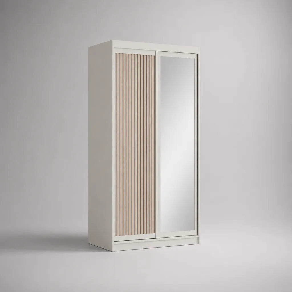 Armadio guardaroba a 2 ante scorrevoli in truciolare melaminico e MDF con specchio, bianco e beige, 100 x 50 x 200 cm