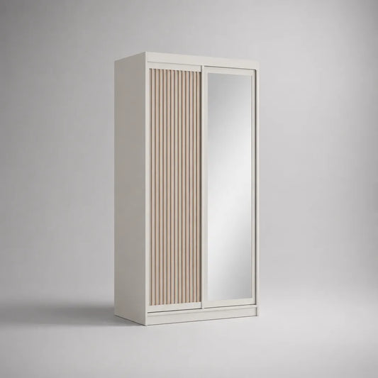 Armadio guardaroba a 2 ante scorrevoli in truciolare melaminico e MDF con specchio, bianco e beige, 100 x 50 x 200 cm