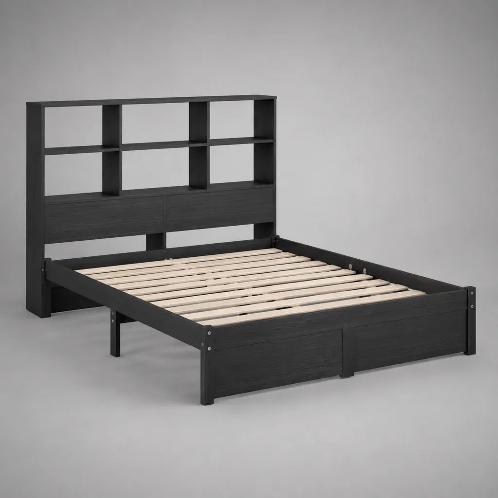Struttura letto matrimoniale nera 160 x 200 cm con testiera libreria e rete a doghe in legno