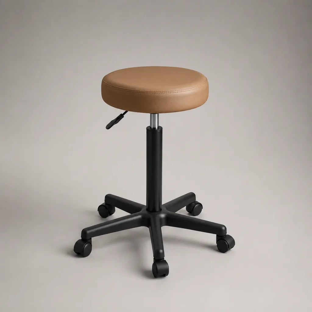 Sgabello da ufficio girevole con ruote, altezza regolabile 45-57 cm, seduta rotonda in pelle sintetica marrone Ø 35 cm