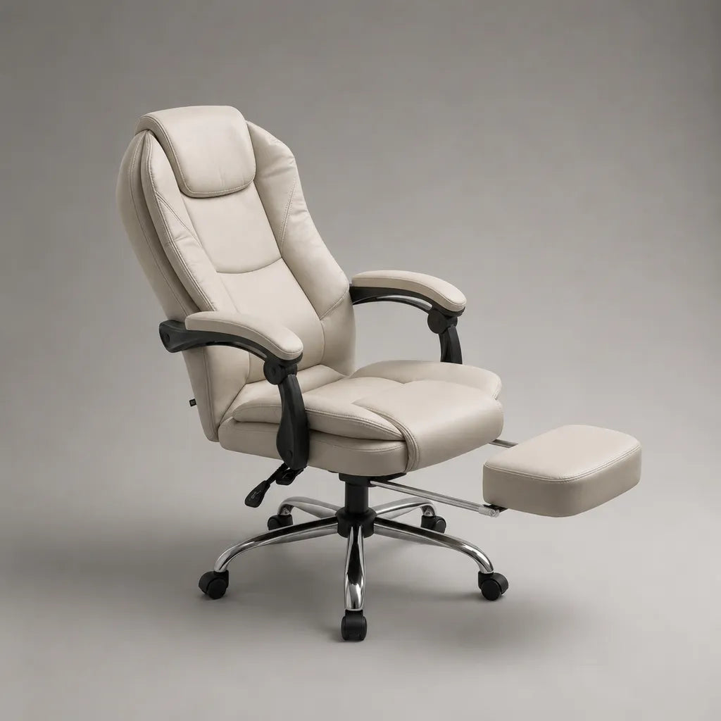 Sedia da ufficio reclinabile in similpelle beige con schienale alto e poggiapiedi, 68 x 70-105 x 115-125 cm