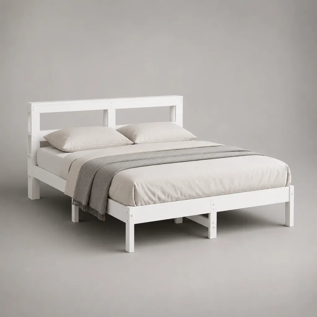 Letto matrimoniale 160 x 200 cm in legno massello di pino bianco con testiera e rete a doghe, 209 x 166 x 90 cm