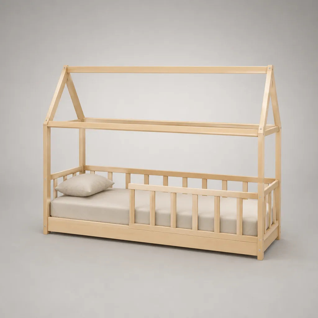 Letto a casetta per bambini 90 x 200 cm in legno massello con sponde, beige naturale