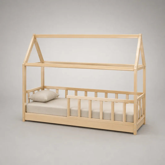 Letto a casetta per bambini 90 x 200 cm in legno massello con sponde, beige naturale