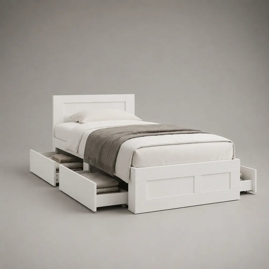 Letto singolo in MDF bianco con 4 cassetti, per materasso 90 × 200 cm, dimensioni 208 × 98 × 100 cm