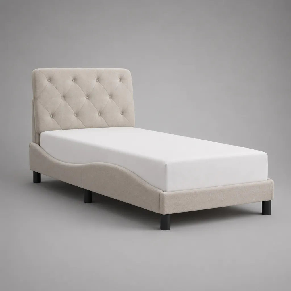 Letto singolo imbottito in velluto beige con testiera capitonné, 101 x 215 x 110 cm, per materasso 90 x 200 cm