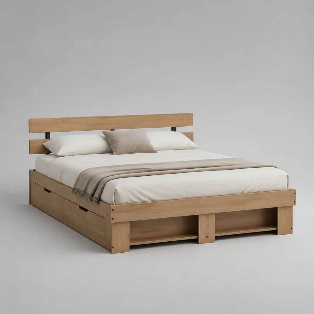 Letto matrimoniale in legno rovere naturale e nero 170 x 220 x 105 cm, rete 160 x 200 cm, 2 cassetti e 2 vani aperti