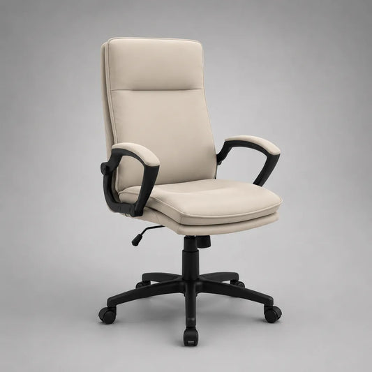 Sedia da ufficio girevole regolabile con schienale alto in pelle sintetica beige e nera, 63 x 67 x 112-122 cm