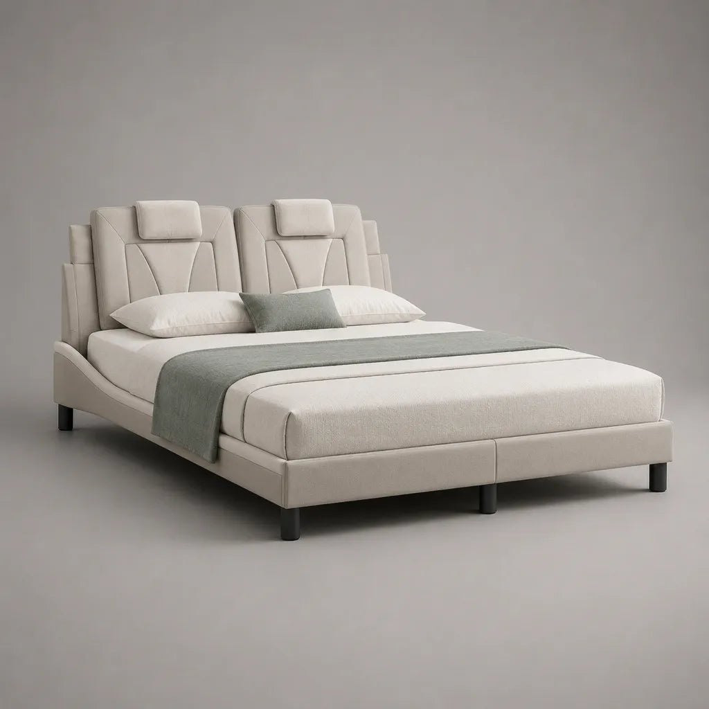 Letto matrimoniale imbottito in poliestere beige, 160 x 200 cm, con testiera e poggiatesta regolabili, 180 x 220 x 115 cm