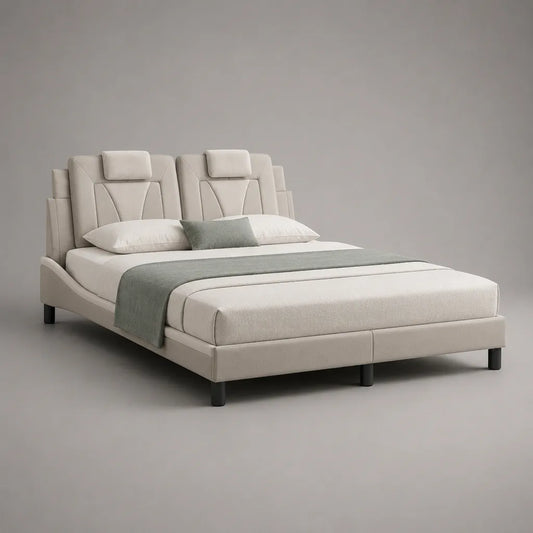 Letto matrimoniale imbottito in poliestere beige, 160 x 200 cm, con testiera e poggiatesta regolabili, 180 x 220 x 115 cm